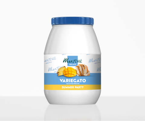 Weißer Kunststoffbehälter mit blauem Deckel "Martini Gelato Variegato Summer Party" mit Mango, Ananas und Kokos.