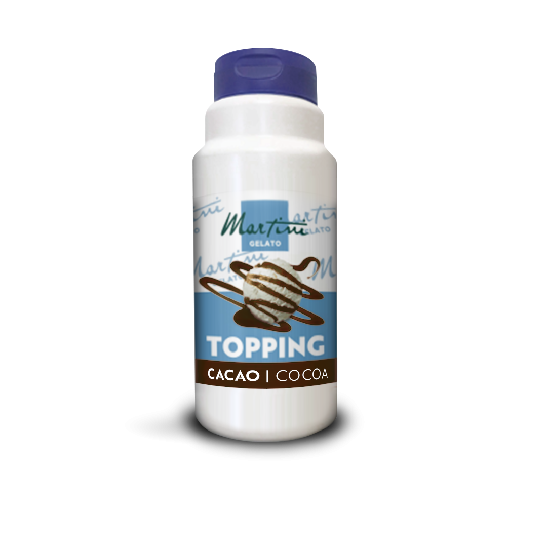 Weiße Kunststoffflasche der Kakao-Topping-Sauce Martini Gelato mit blauem Deckel und Eiskugel auf dem Etikett.