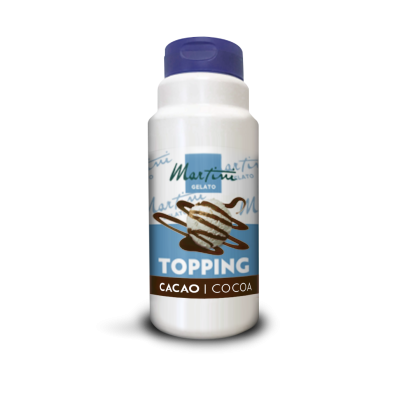 Weiße Kunststoffflasche der Kakao-Topping-Sauce Martini Gelato mit blauem Deckel und Eiskugel auf dem Etikett.