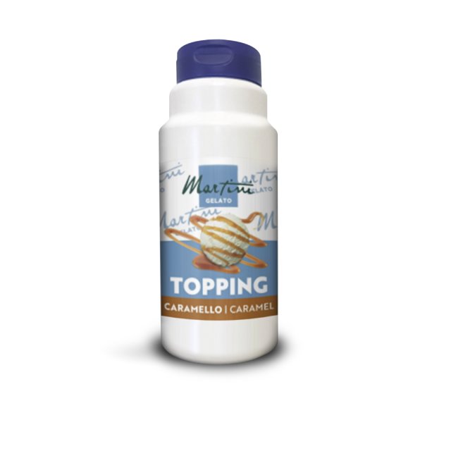 Weiße Kunststoffflasche Martini Gelato Caramello mit Karamell-Topping und einer Kugel Eis