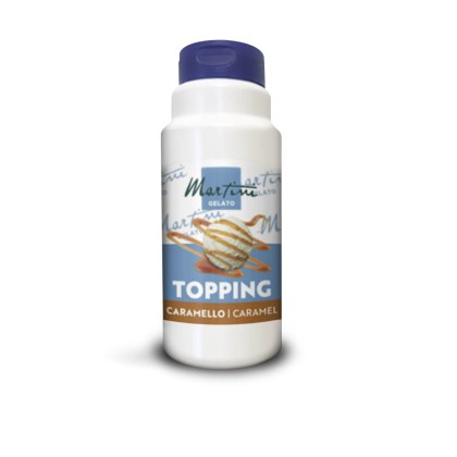 Weiße Kunststoffflasche Martini Gelato Caramello mit Karamell-Topping und einer Kugel Eis