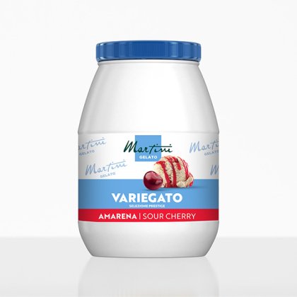 Weißer Kunststoffbehälter Martini Gelato Variegato Amarena mit blauem Deckel und Kirschetikett.