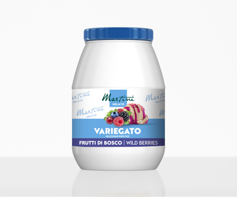 Weißer Kunststoffbehälter mit blauem Deckel, Etikett Martini Gelato Variegato Frutti di Bosco, Beeren und Eis