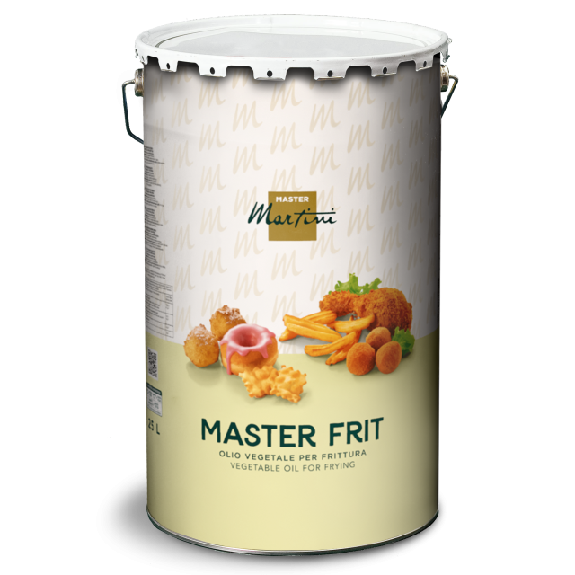Metalldose Frittieröl Master Martini "Master Frit" mit Bildern von Frittiertem auf beigem Etikett, 25L.