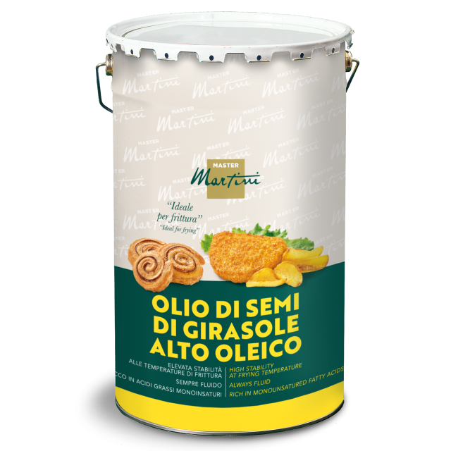 Metalleimer Master Martini High-Oleic-Sonnenblumenöl, Etikett ideal zum Frittieren, mit Bildern von Frittiertem.