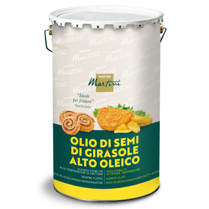 Metalleimer Master Martini High-Oleic-Sonnenblumenöl, Etikett ideal zum Frittieren, mit Bildern von Frittiertem.