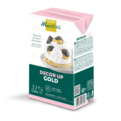 1L-Packung gesüßte Schlagsahne Master Martini Decor Up Gold, 31% Fett, mit Windbeutel-Bild.