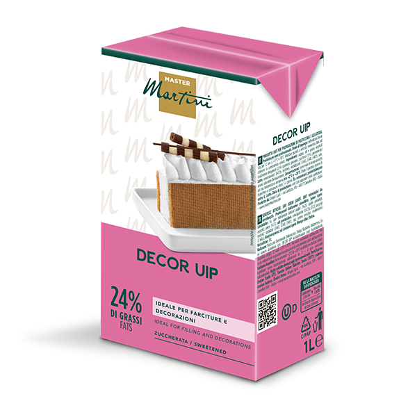 Rosa 1L-Packung gesüßte Schlagsahne Master Martini Decor UIP, 24% Fett, mit Bild eines Tortenstücks.