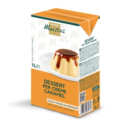 1L-Packung Master Martini Crème-Caramel-Dessertmischung mit Karamellflan auf weißem Teller