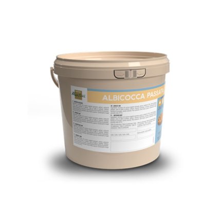 Beigefarbener Kunststoffeimer mit Etikett "Albicocca Passata" und Produktinformationen.