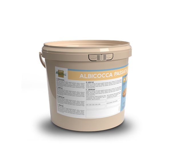 Beigefarbener Kunststoffeimer mit Etikett "Albicocca Passata" und Produktinformationen.