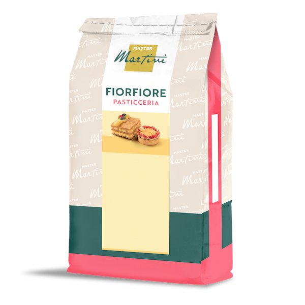 Beutel der Backmischung Master Martini Fiorfiore Pasticceria mit Bildern von Blätterteig und Tarte.