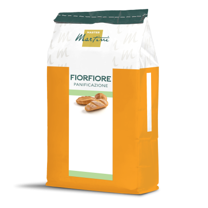 Orange-weißer Sack Mehl Master Martini Fiorfiore Panificazione mit Baguette-Bildern auf dem Etikett
