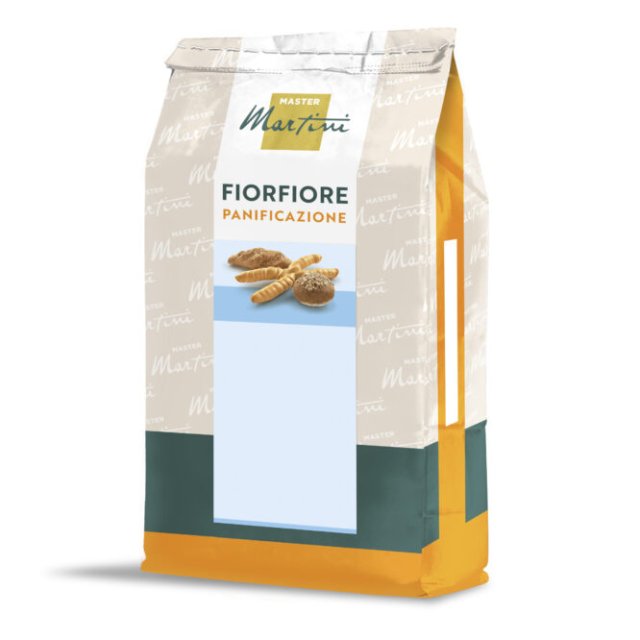 Beutel Brotmischung Master Martini Fiorfiore Panificazione, beige Verpackung mit orangefarbener Basis und Brötchenbil...
