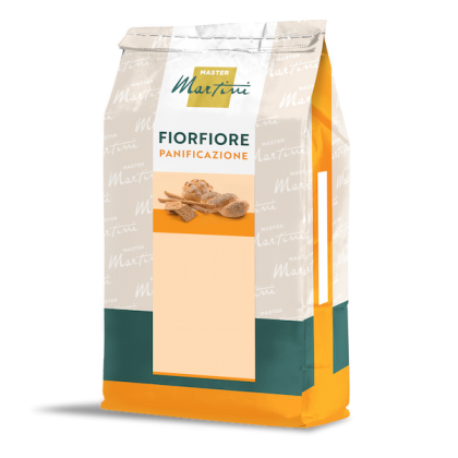 Sack Backmehl Master Martini Fiorfiore, Verpackung in Orange, Türkis und Beige.