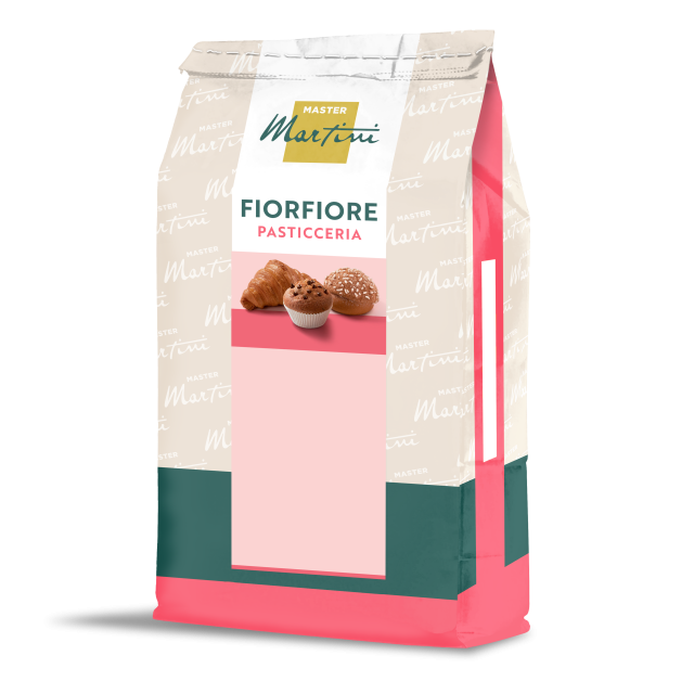 Beutel der Mehlmischung Master Martini Fiorfiore Pasticceria in cremefarbener, rosa und türkiser Verpackung mit Gebäc...