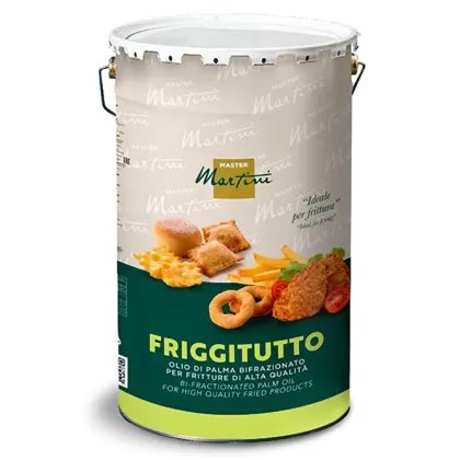 Metalleimer mit bifraktioniertem Palmöl Master Martini Friggitutto, grünes Etikett mit Bildern von Frittiertem.