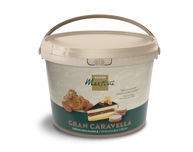 Beiger Eimer mit Master Martini Gran Caravella Streichcreme, Etikett zeigt Croissant und Schichttorte