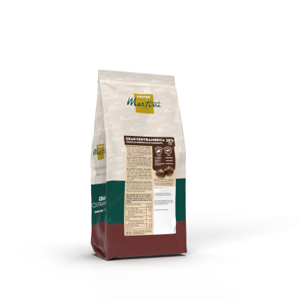 Standbeutel mit Master Martini Gran Centramerica 20% Zartbitterschokoladen-Scheiben, Verpackung in Creme, Grün und Bo...