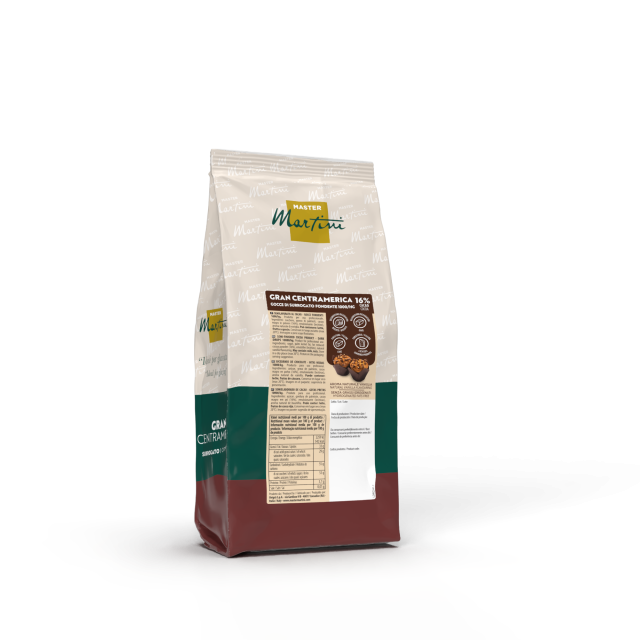 Stehbeutel Master Martini Gran Centramerica, dunkle Schokoladentropfen 16%, Verpackung creme, grün und bordeaux.
