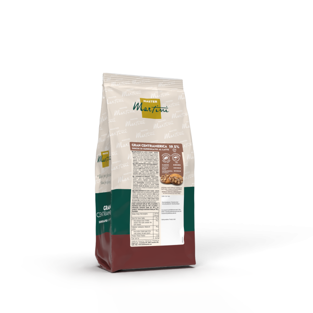 Stand-Beutel Master Martini Gran Centramerica, Vollmilchschokoladen-Chips 19,5%, Verpackung creme, grün und bordeaux.