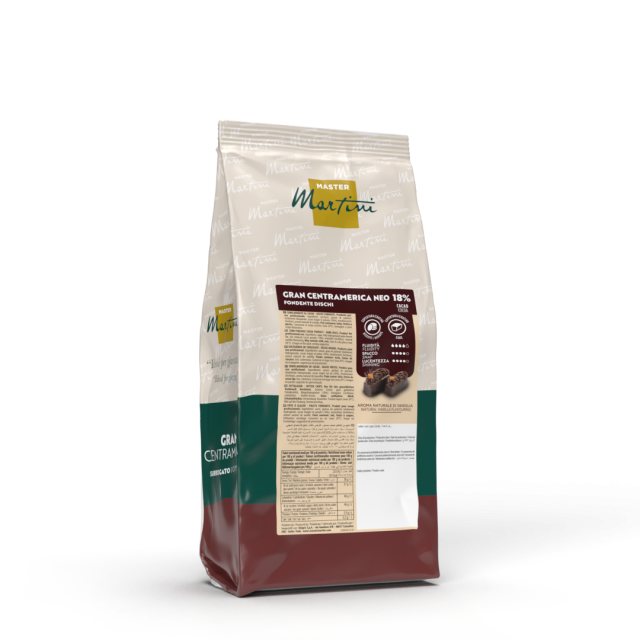 Beutel mit Master Martini Gran Centramerica Neo 18% dunklen Schokoladendiscs, weiß-grün-bordeauxfarbene Verpackung.