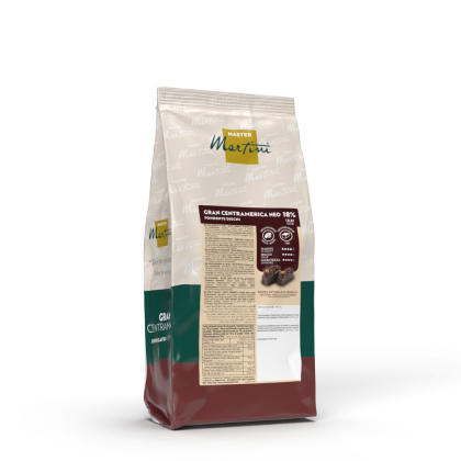 Beutel mit Master Martini Gran Centramerica Neo 18% dunklen Schokoladendiscs, weiß-grün-bordeauxfarbene Verpackung.