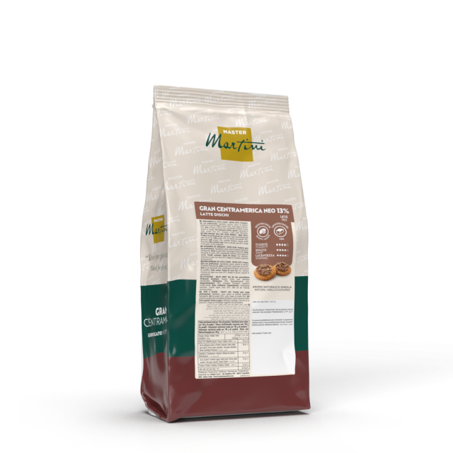 Scheiben Milchschokolade Master Martini Gran Centramerica Neo 13%, Verpackung in Creme, Grün und Kastanienbraun.