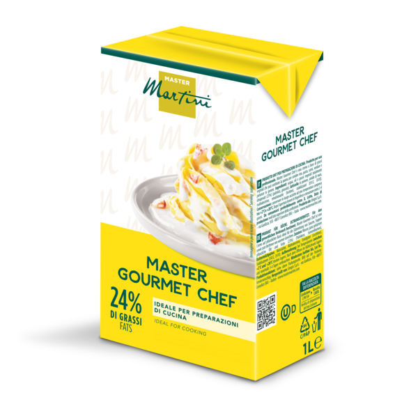 Gelbe 1L-Packung Kochsahne Master Martini Gourmet Chef, 24% Fett, mit Pastagericht auf dem Etikett.