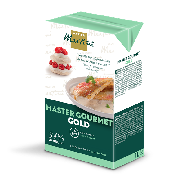 1L-Packung Kochsahne Master Martini Master Gourmet Gold, 34% Fett, glutenfrei, mit Dessert- und Fischgerichten.