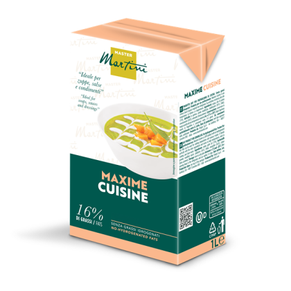 1L-Packung Kochsahne Master Martini Maxime Cuisine, 16% Fett, mit Schüssel grüner Suppe auf dem Etikett.