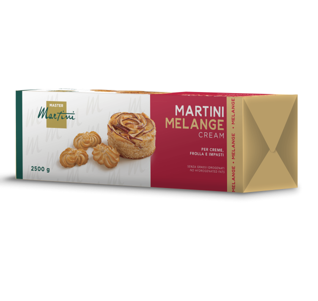 Karton Master Martini Melange-Creme, 2500g, mit Gebäck und Mürbeteigkeksen auf der Verpackung.