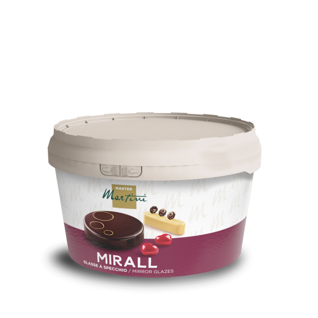 Eimer Master Martini Mirall Spiegelglasur mit beigem Deckel und bordeauxrotem Etikett mit glasierten Desserts.