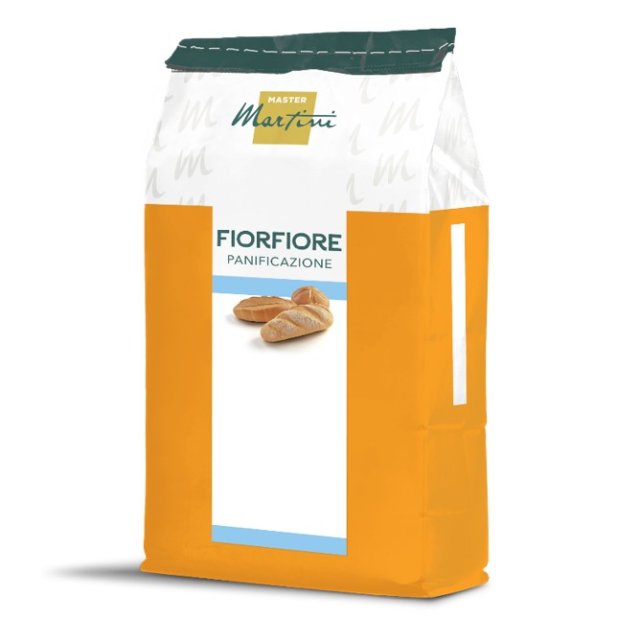 Orange-weißer Sack Mehl Master Martini FiorFiore Panificazione mit Brötchen auf dem Etikett.