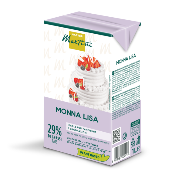 1L-Packung Master Martini Monna Lisa, pflanzliche Schlagsahne 29% Fett, laktosefrei, mit mehrstöckiger Torte.