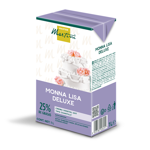 Lila 1L-Packung Master Martini Monna Lisa Deluxe Schlagsahne, 25% Fett, mit mehrstöckiger Torte