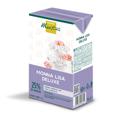 Lila 1L-Packung Master Martini Monna Lisa Deluxe Schlagsahne, 25% Fett, mit mehrstöckiger Torte