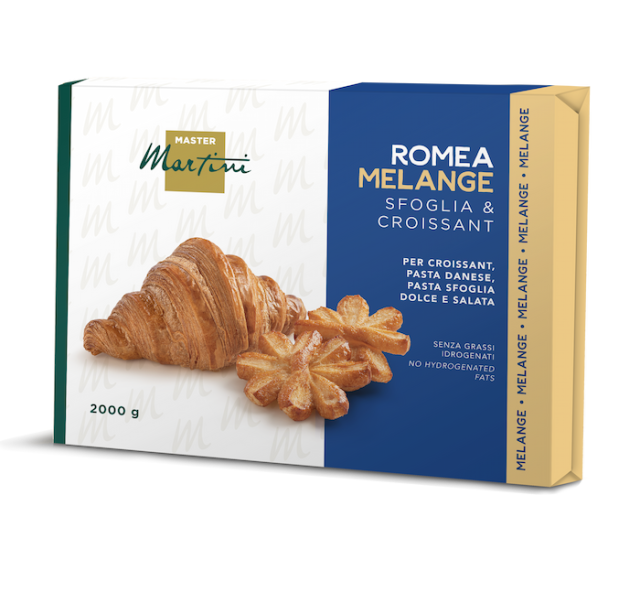 2000g-Packung Master Martini Romea Melange Backfett für Croissants, mit Croissant und sternförmigem Gebäck.