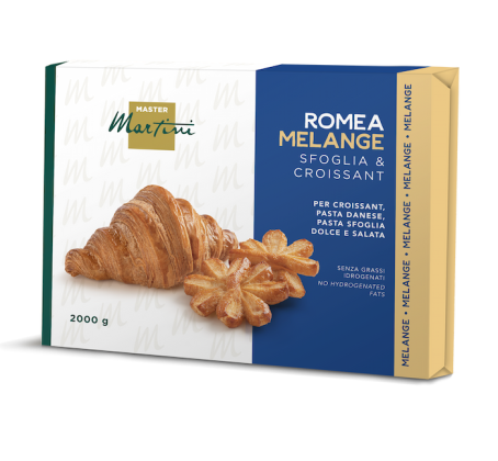2000g-Packung Master Martini Romea Melange Backfett für Croissants, mit Croissant und sternförmigem Gebäck.