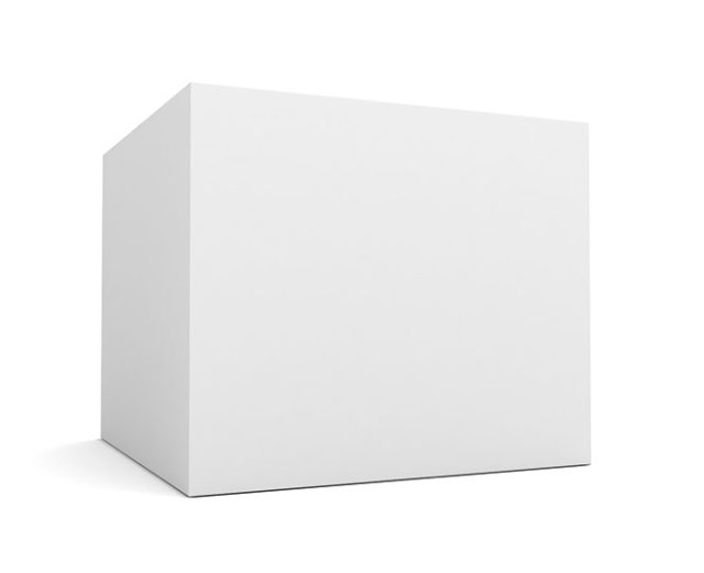 Leere weiße rechteckige Verpackungsbox-Mockup auf weißem Hintergrund, leicht seitlich abgebildet.