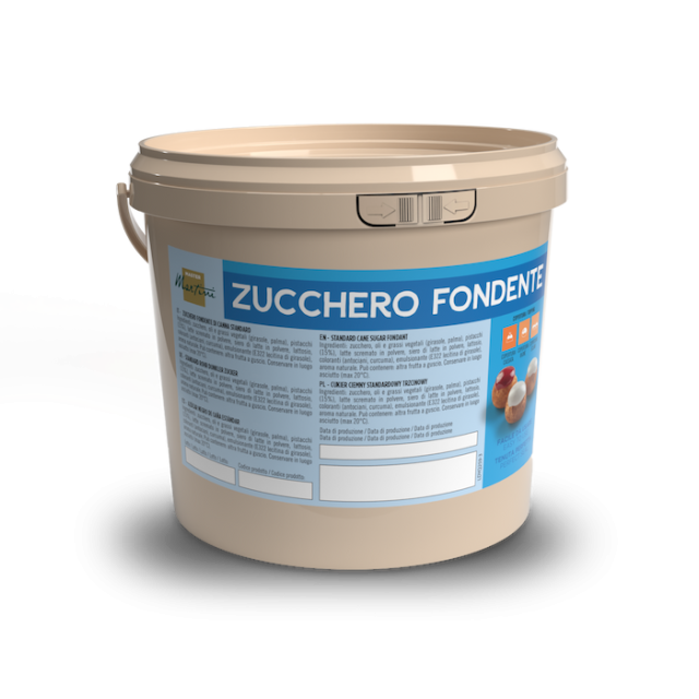 Beige Kunststoffeimer mit blau-weißem Etikett „Fondantzucker“, auf weißem Hintergrund.