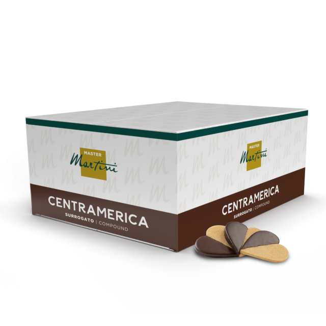 Verpackung der Schokoladenglasur Master Martini Centramerica, mit schokoladenüberzogenen Waffelscheiben