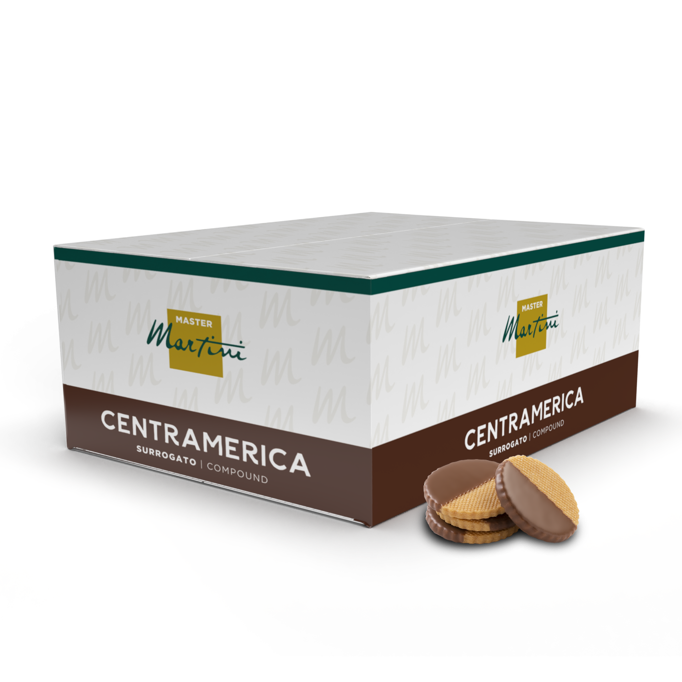 Packung Schokoladenglasur Master Martini Centramerica neben runden, halb mit Schokolade überzogenen Keksen.