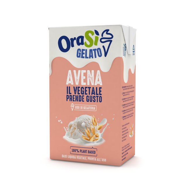 Tetra-Pak-Verpackung von OraSì Gelato Avena, pfirsichfarbene 100% pflanzliche Hafer-Basis für Speiseeis.