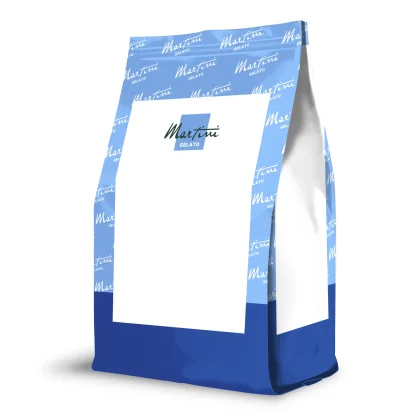 Mockup einer blau-weißen Standbeutel-Verpackung mit "Martini Gelato"-Logo und leerem Etikettenbereich.