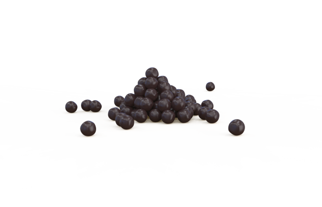 Kleiner Haufen dunkelvioletter runder Pellets auf weißem Hintergrund, einige verstreut daneben.