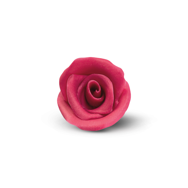 Einzelne dunkelrosa Rose, vermutlich aus Fondant oder Blütenpaste, auf weißem Hintergrund.