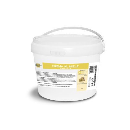 Weißer Kunststoffeimer, 6 kg, mit Griff, Etikett "Crema al Miele", für den professionellen Bäckereibedarf.
