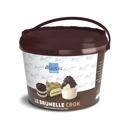 Brauner Eimer Martini Gelato "Le Brunelle Crok" Cremeaufstrich für Eisdielen, mit Bildern von Pistazien- und Kakao-De...