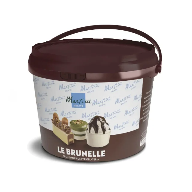 Braune Kunststoffdose Martini Gelato "Le Brunelle" Softcreme, mit Haselnuss-, Pistazien- und Schokoladenaufdruck
